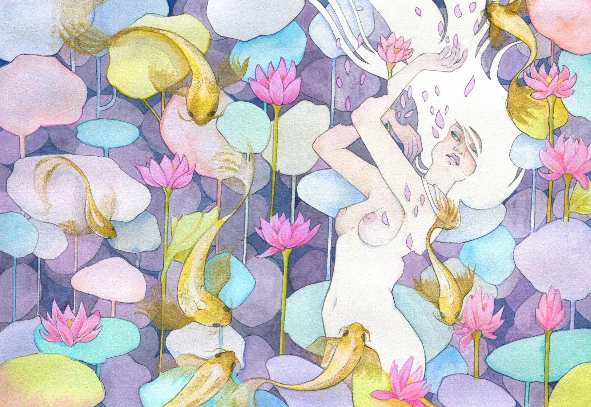 L'étang aux lotus - femme nue dansant avec des poissons