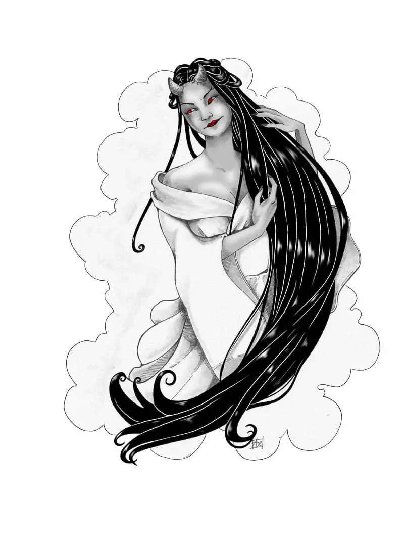 Aoandon - dessin original Aemarielle - une femme japonaise aux longs cheveux noirs, avec une paire de cornes et des yeux rouges. Elle est vêtue de blanc.