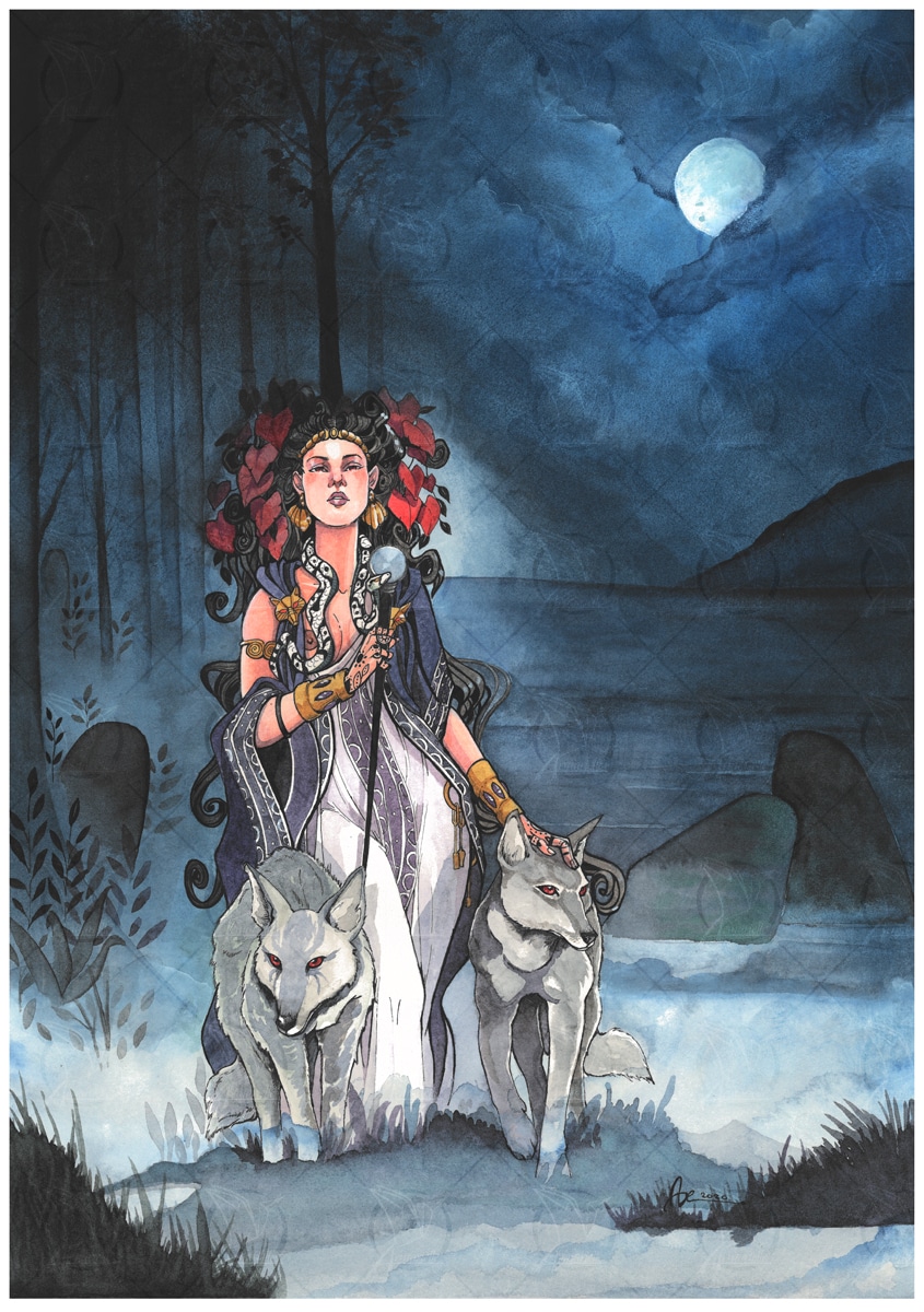 Hécate et ses loups sous la pleine lune- aquarelle originale