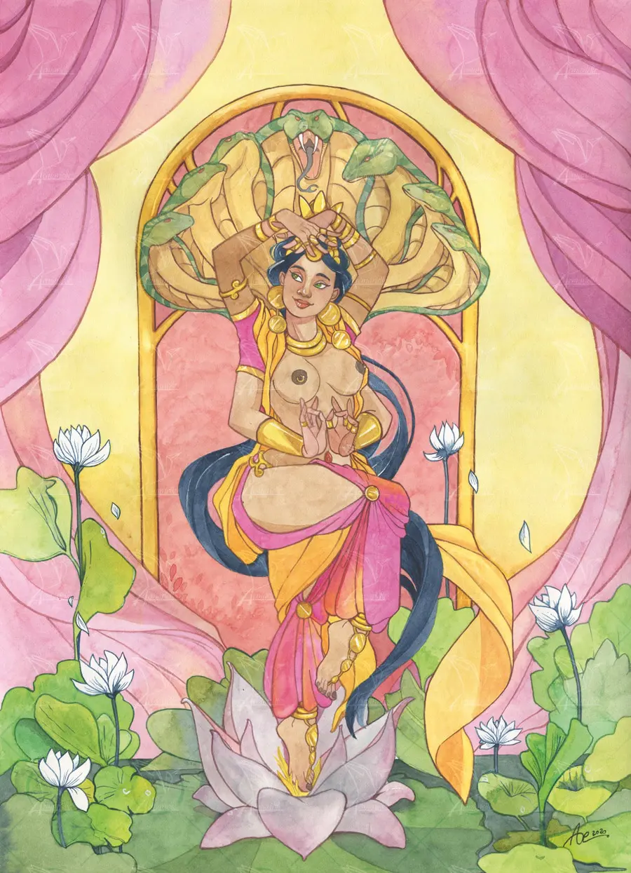 Lalita - aquarelle d'une déesse indienne en train de danser au milieu des nénuphars