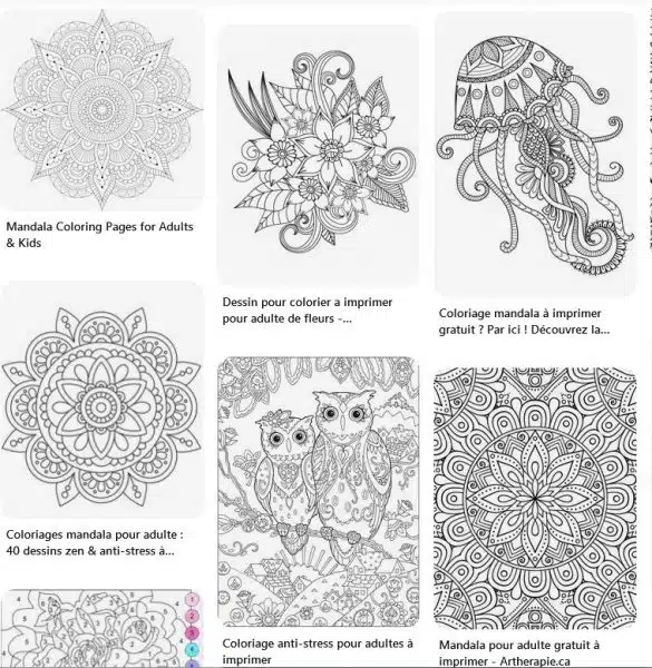 Une page Pinterest rassemblant des modèles de coloriages pour adultes - mandalas, zentangle