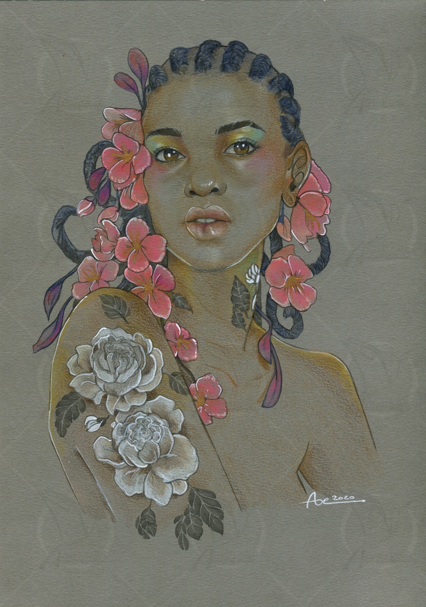 À fleur de peau - dessin crayon de couleurs aquarellables sur papier gris