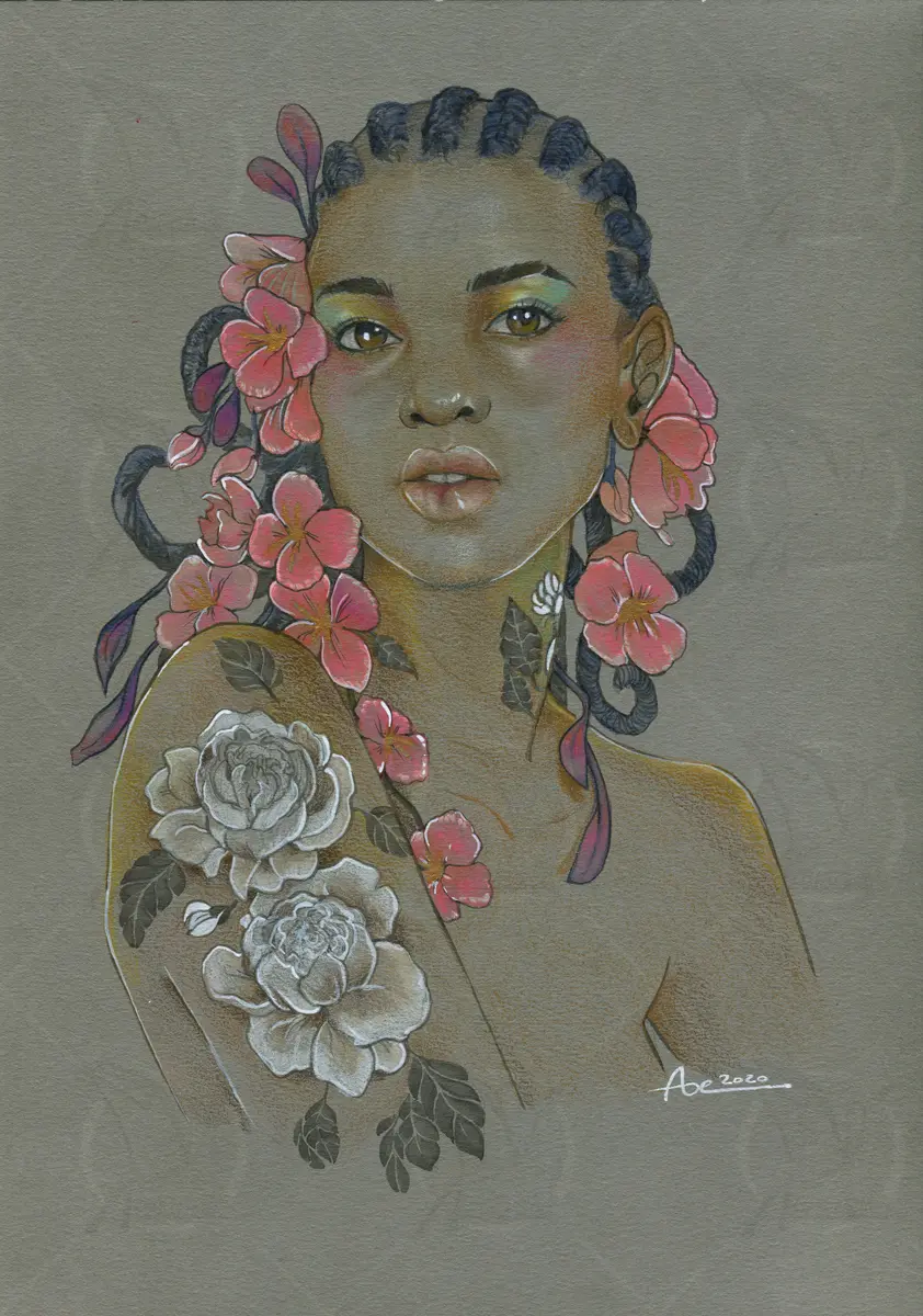 À fleur de peau - dessin crayon de couleurs aquarellables sur papier gris