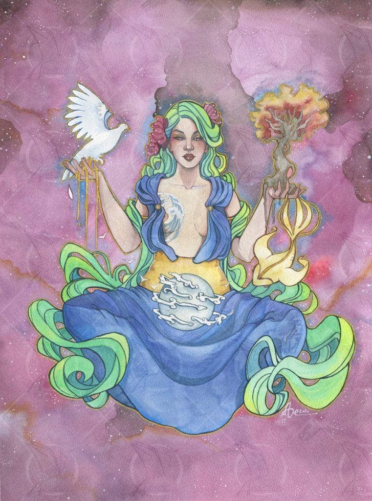 La déesse Gaïa figure parmi les premiers dieux dans la mythologie grecs. 
Une femme assise en lotus dans le cosmos, un globe terrestre entre les cuisses. Dans ses mains, une colombe et un arbre. Elle semble déposer des bienfaits sur terre.