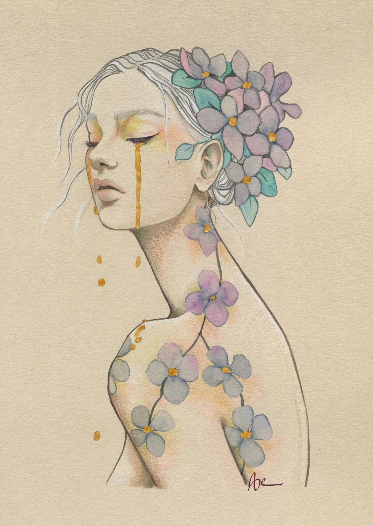 Larme d'or- collection femmes-fleurs- dessin crayons de couleurs