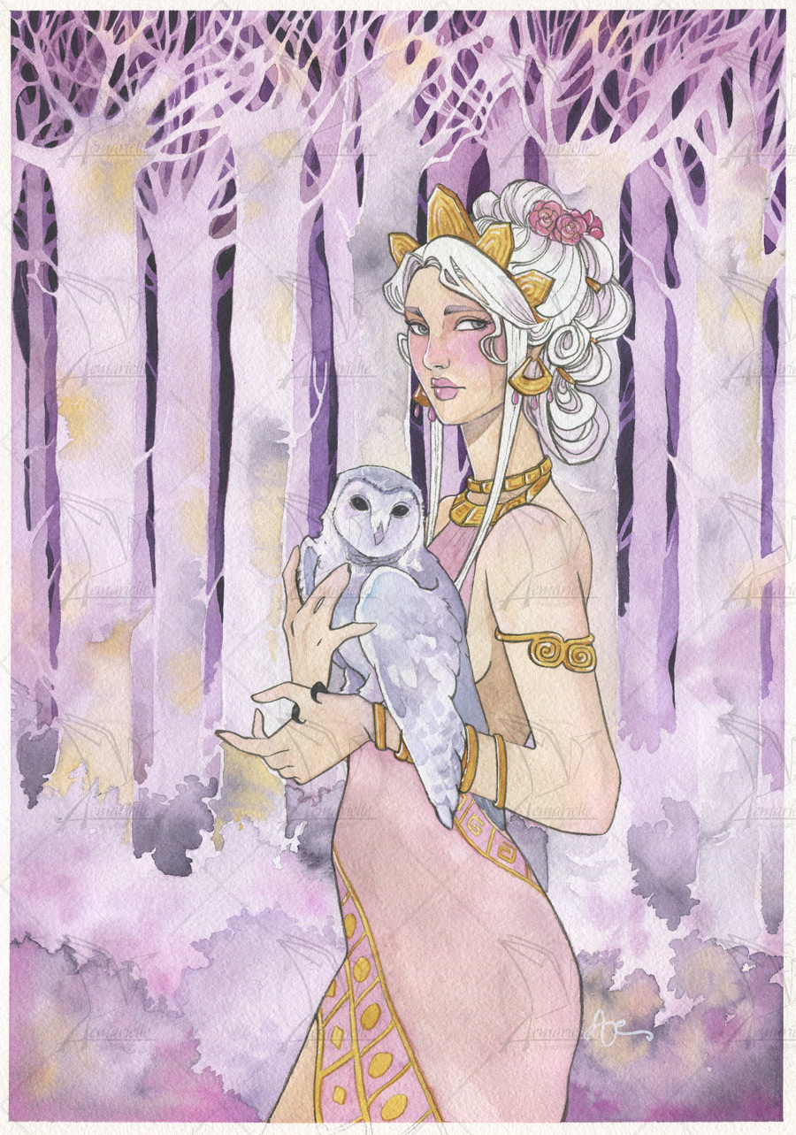 La Gardienne des rêves | aquarelle| Une elfe aux cheveux blancs tenant une chouette à la main, dans une forêt mystérieuse à l'aquarelle