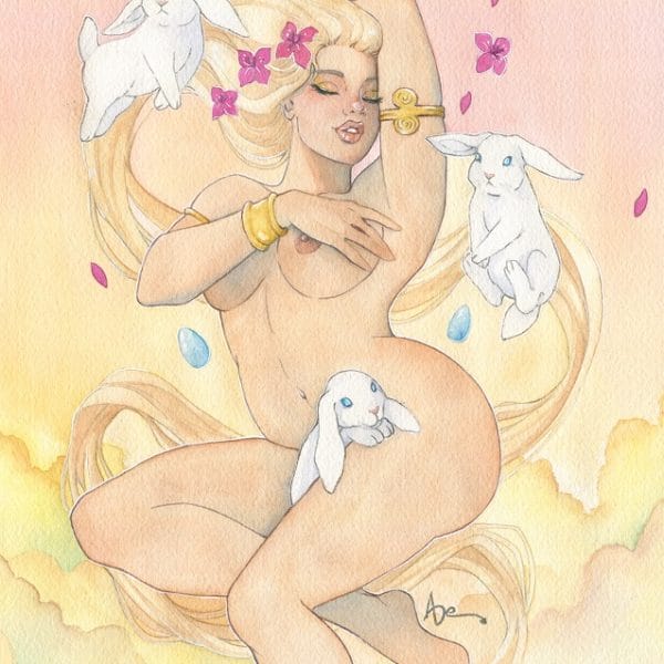 Lady Easter - une jeune femme aux longs cheveux blonds dans les nuages avec des lapins blancs -Illustration de Pâques- aquarelle originale fantasy - Aemarielle