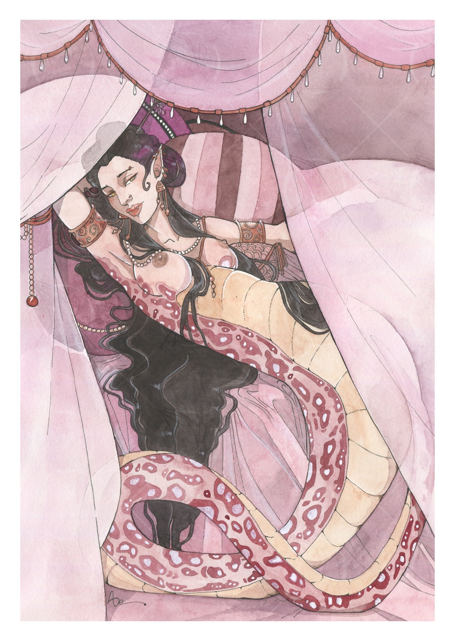 La femme-serpent - Aquarelle originale- carte postale A4 - Aemarielle