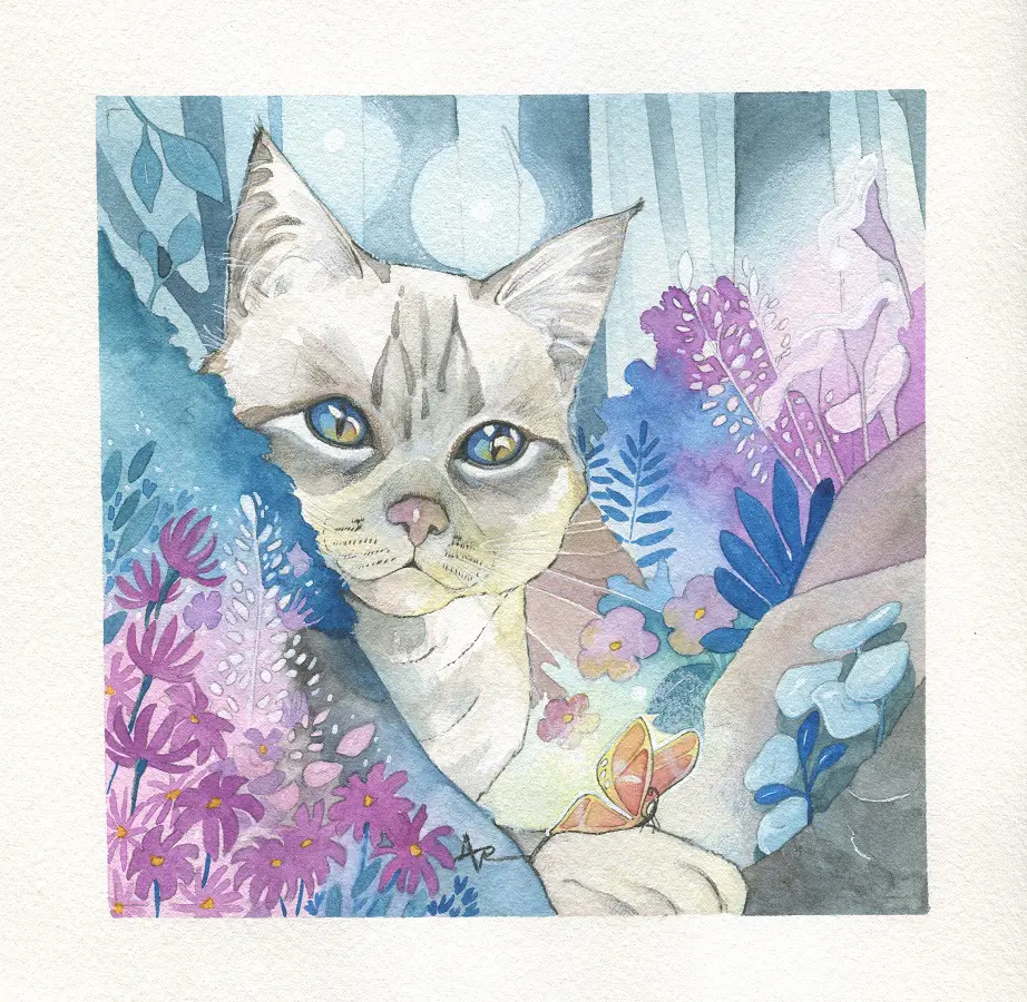 Fantasy animalière - Un petit chat - aquarelle originale-Aemarielle