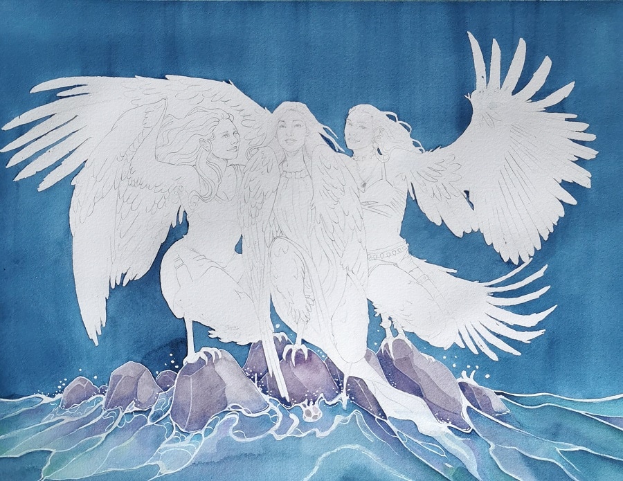 Les harpies- fond aquarelle