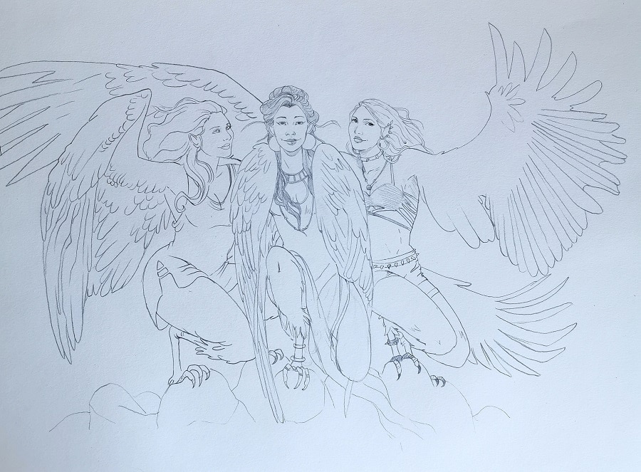 Le design des personnages des Harpies, 3 jeunes femmes aux corps d'oiseaux- illustration cadeau de mariage personnalisé