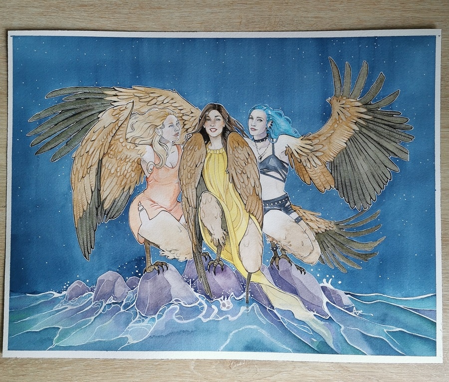 Un cadeau de mariage personnalisé - 3 copines peintes sous la forme de harpies de la mythologie grecque
