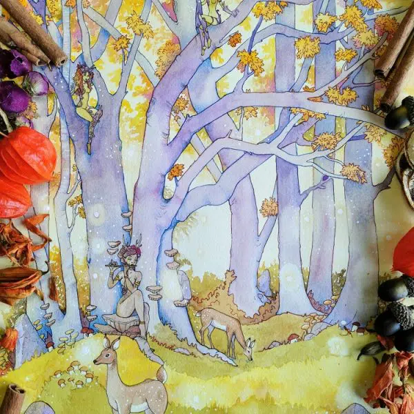 Aquarelle d'automne- L'arbre aux esprits- dryades et nymphes autour d'un arbre