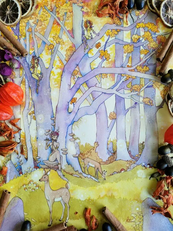 Aquarelle d'automne- L'arbre aux esprits- dryades et nymphes autour d'un arbre
