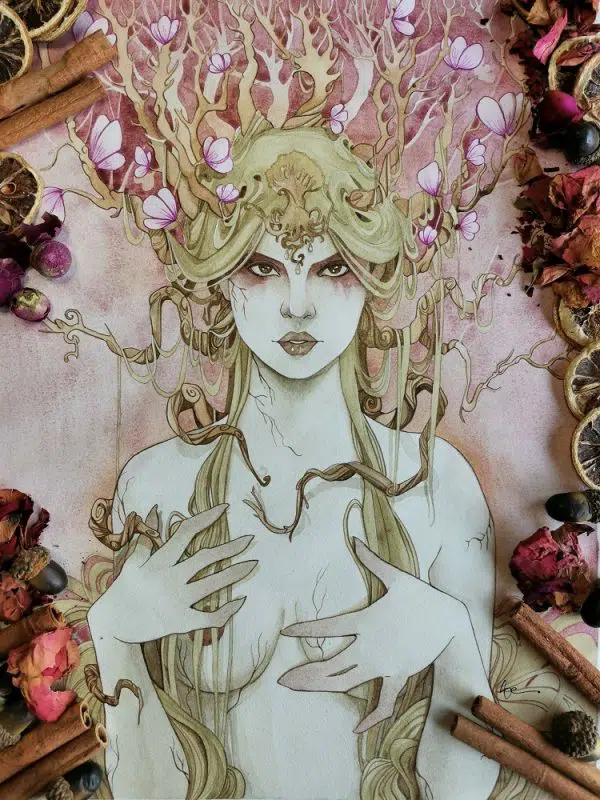 Aquarelle Rhéa - la mère des dieux, aquarelle fantasy aux accents boisés