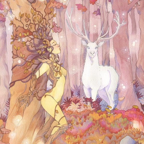 Aquarelle originale - le cerf blanc - Aemarielle - Une dryade émerge d'un arbre sous le regard d'un cerf blanc dans la forêt.