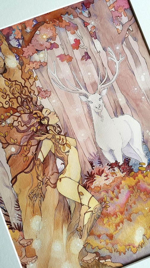 Le cerf blanc-aquarelle d'automne fantasy originale