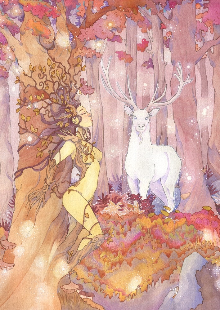 Aquarelle originale - le cerf blanc - Aemarielle - Une nymphe émerge d'un arbre sous le regard d'un cerf blanc dans la forêt.