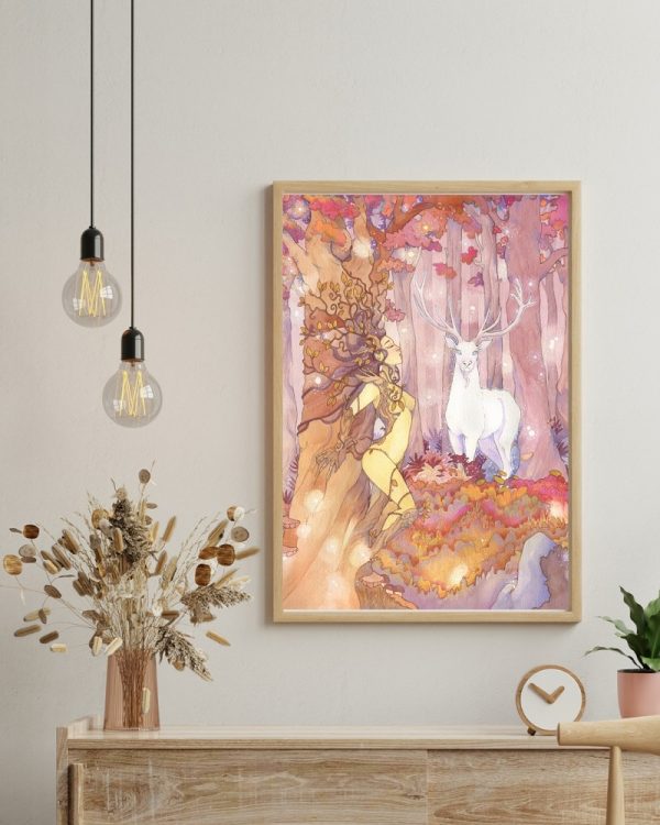 Le cerf blanc ,aquarelle encadrée de bois dans un décor d'intérieur.