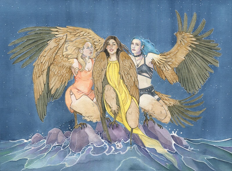 Illustration personnalisée sur commande - les harpies - 3 femmes aux corps d'oiseaux de proie et aux bustes féminins sont posées sur des récifs en mer - par Aemarielle