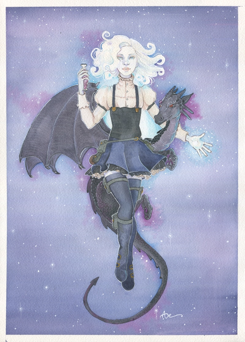 Hécate et Brasier - Une jeune fille aux cheveux blancs et un dragon noir -Illustration personnalisée sur commande par Aemarielle