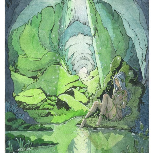 Aquarelle représentant une fée endormie dans une caverne - peinte par Aemarielle