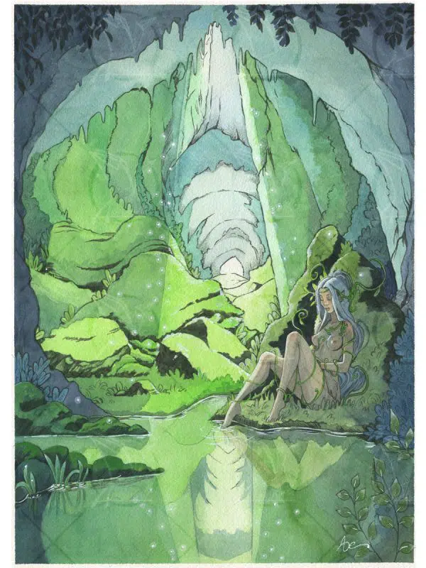 Aquarelle représentant une fée endormie dans une caverne - peinte par Aemarielle