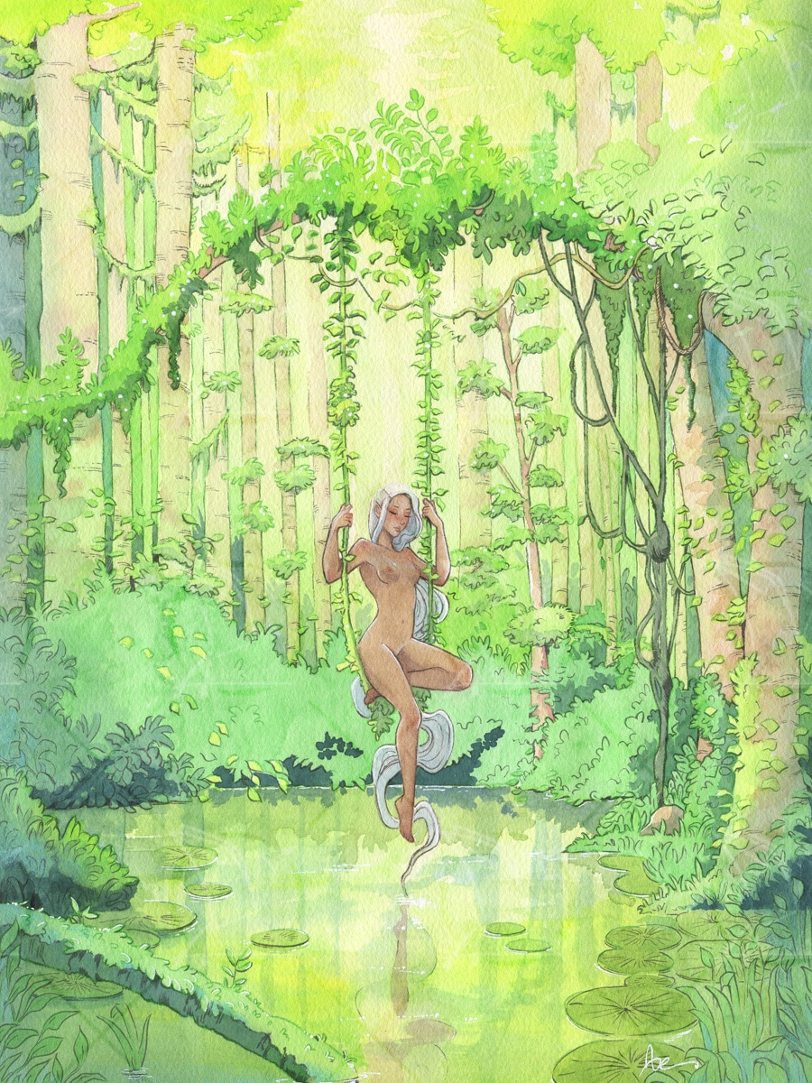 Le bassin de la nymphe est une aquarelle qui montre une fée se balançant sur une liane au dessus d'un étang perdu dans la forêt - peinte par Aemarielle