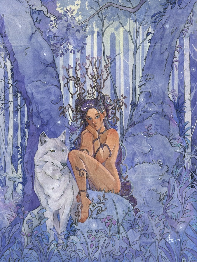 La dryade et le loup - aquarelle et tirage d'art