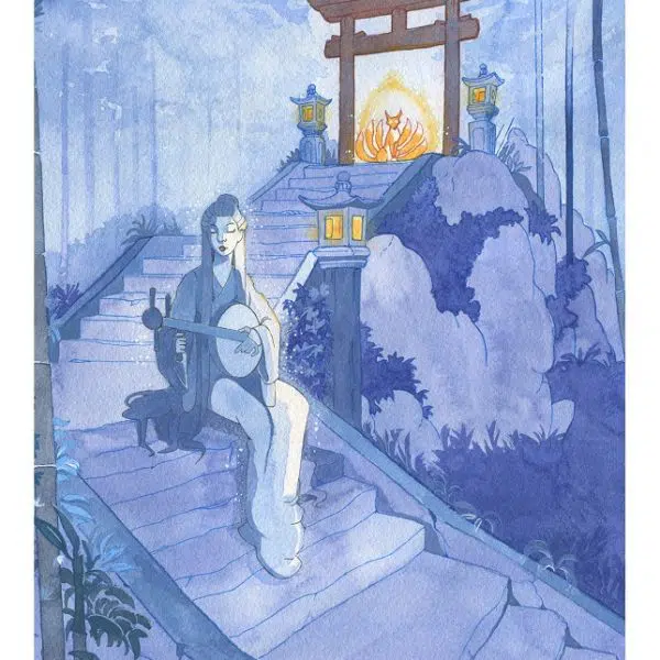 Carte postale représentant une musicienne jouant près d'un torii au Japon - le sanctuaire de l'esprit-renard Inari