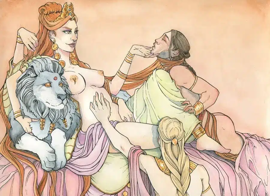 Une femme dotée de 4 bras entourée de ses amants et appuyée sur un lien blanc. Aquarelle originale par Aemarielle