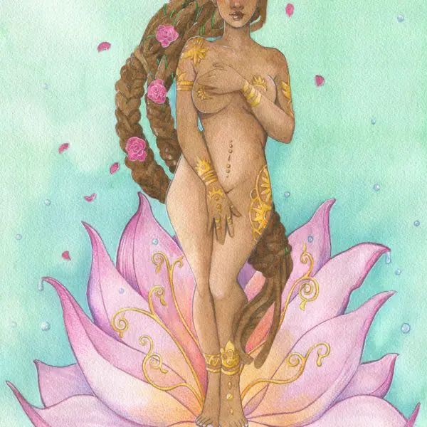 Aphrodite sur un lotus - aquarelle originale