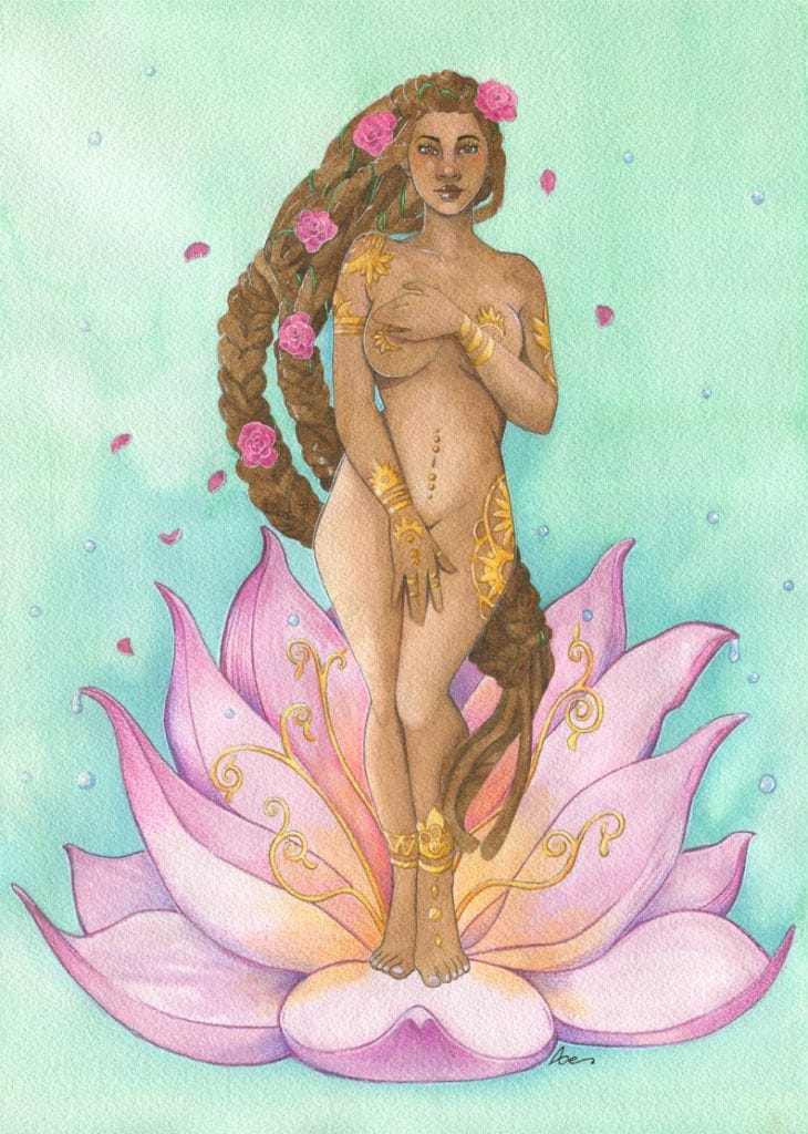 Aphrodite sur un lotus - aquarelle originale
