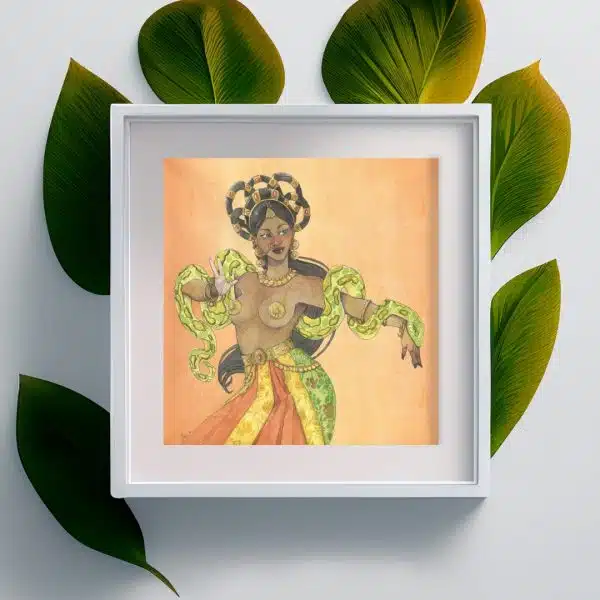 Aquarelle carrée représentant une danseuse indienne avec un serpent vert le long du bras. Aquarelle originale par Aemarielle