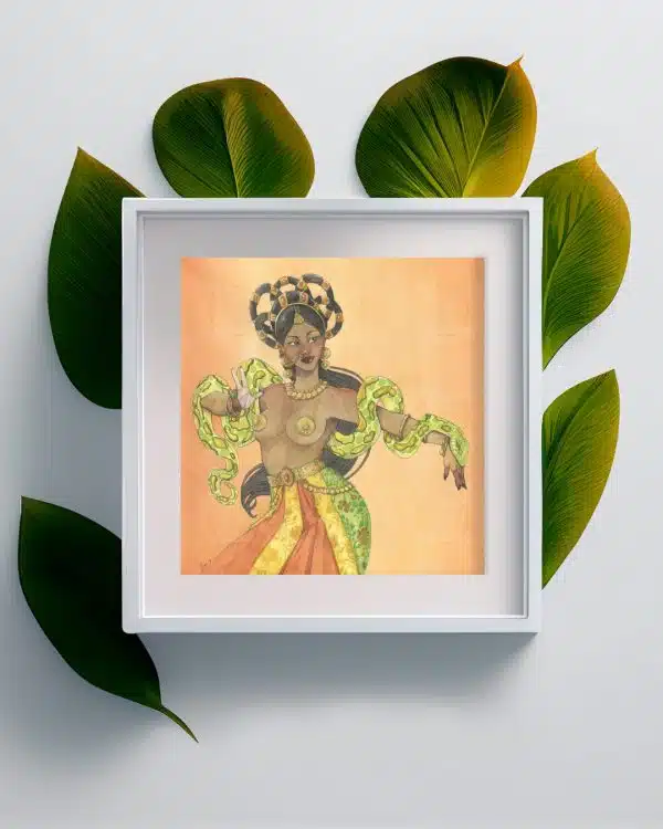 Aquarelle carrée représentant une danseuse indienne avec un serpent vert le long du bras. Aquarelle originale par Aemarielle