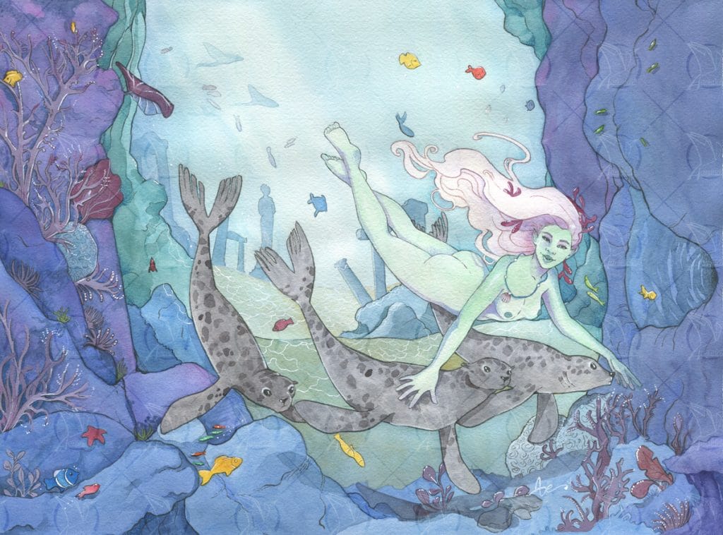 Une selkie, esprit des eaux dans la mythologie, nageant avec 2 otaries dans les fonds marins - aquarelle Aemarielle
