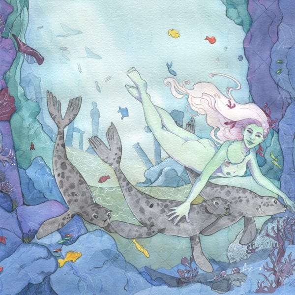 Une selkie, esprit des eaux dans la mythologie, nageant avec 2 otaries dans les fonds marins - aquarelle Aemarielle