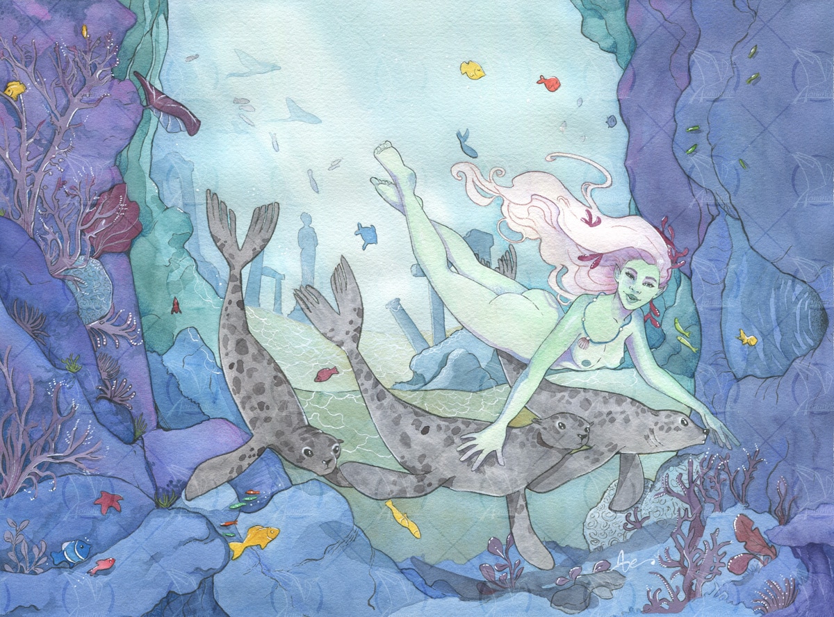 Une sellie nageant avec 2 otaries dans les fonds marins - aquarelle Aemarielle