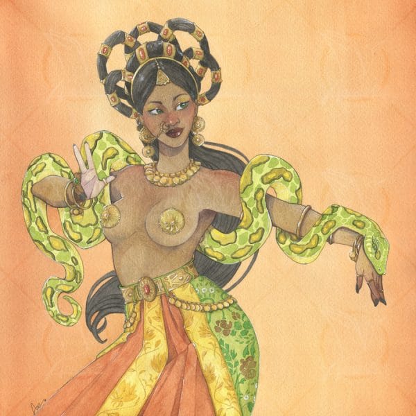 Une danseuse indienne avec un serpent lové autour de ses épaules - aquarelle Aemarielle