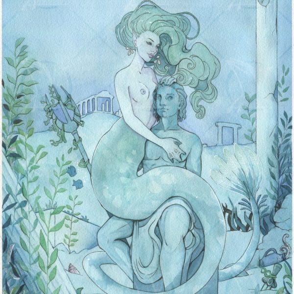 Une sirène en admiration devant la statue du dieu des océans
