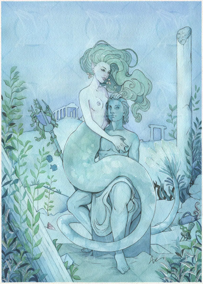 Une sirène en admiration devant la statue du dieu des océans