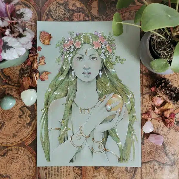 Dessin original crayons de couleurs sur papier vert de gris - la déesse du printemps