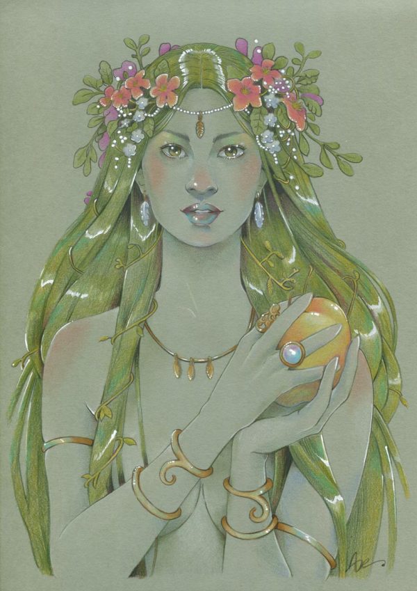 Dessin aux crayon de couleurs sur papier vert de gris représentant la déesse du printemps avec une couronne de fleurs, tenant une pomme dans les mains