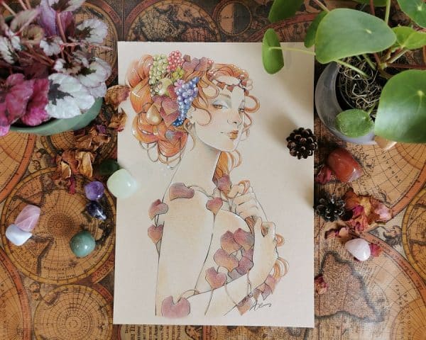 Dessin aux crayons de couleurs sur papier brun naturel - déesse de l'automne