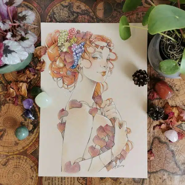 Dessin aux crayons de couleurs sur papier brun naturel - déesse de l'automne