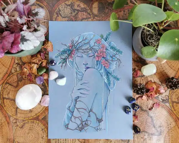 Dessin original crayons de couleur - déesse de l'hiver sur papier bleu