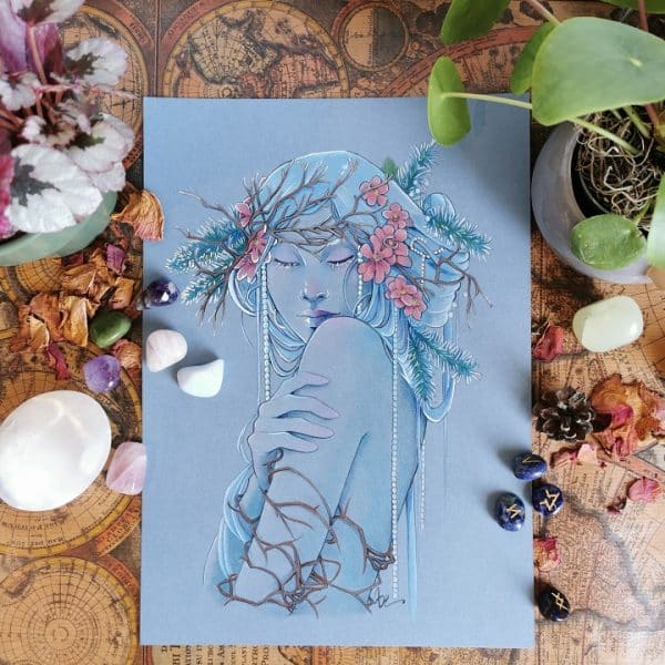 Dessin original crayons de couleur - déesse de l'hiver sur papier bleu