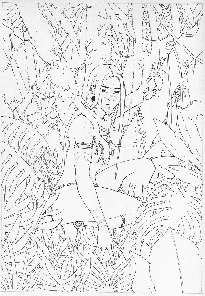 Un dessin à l'encre représentant une femme en pagne accroupie dans une jungle luxuriante. La Gardienne de la nature sacrée, issue de l'oracle des gardiennes sacrées
