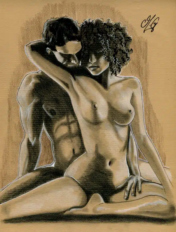 Un couple, la femme en avant, une jambe repliée sous elle, l'autre tendue. Derrière elle son amant a posé son visage contre son cou.