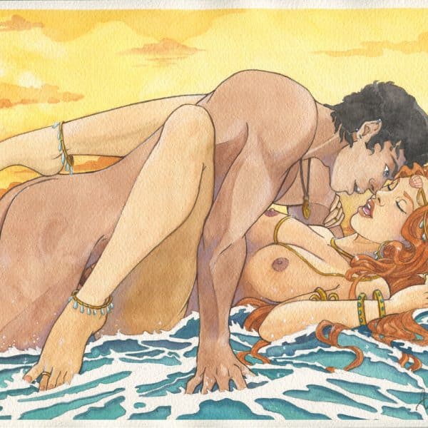 Une aquarelle érotique montrant la déesse de l'amour Aphrodite et le dieu de la guerre Arès en pleine étreinte sur un lit fait d'eau de mer, symbole de la naissance d'Aphrodite.